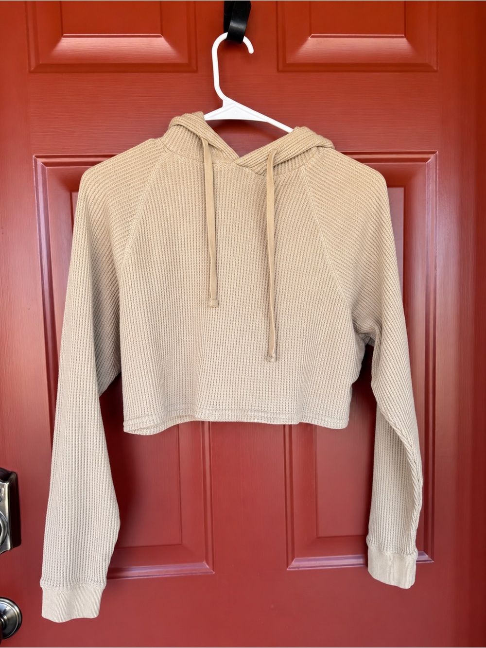 Zine Clothing Cropped Waffle-Knit Hoodie in Tan
